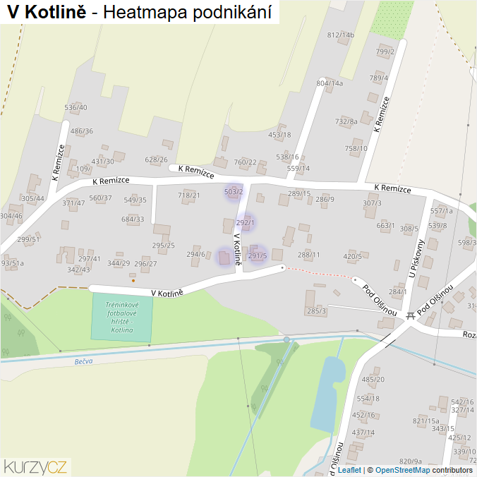 Mapa V Kotlině - Firmy v ulici.