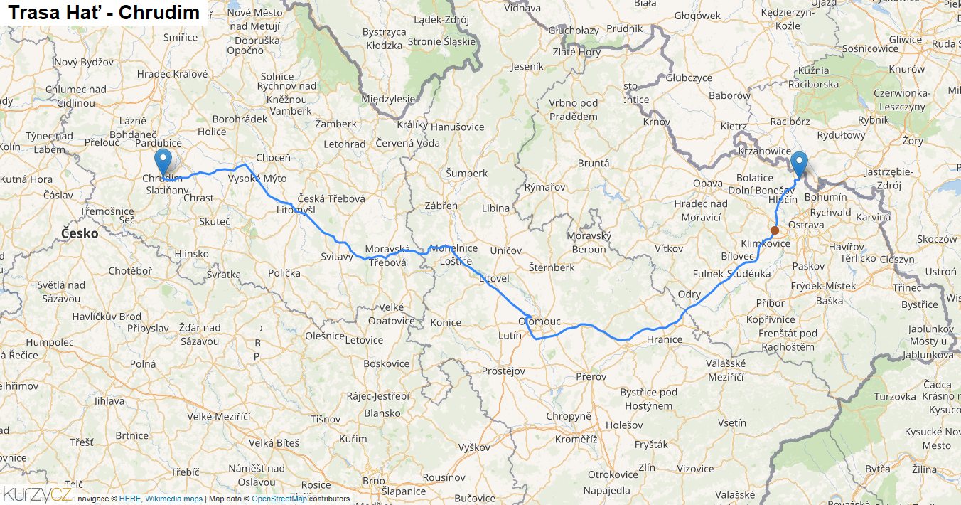 Hať-Chrudim, mapa trasy