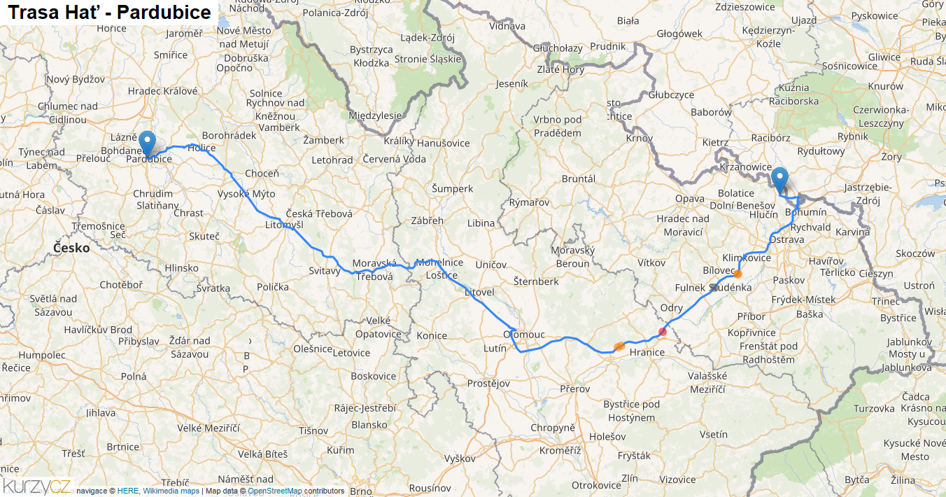 Hať-Pardubice, mapa trasy