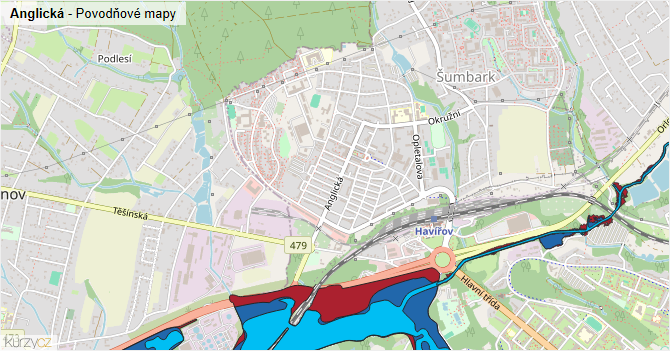 Anglická - záplavové mapy stoleté vody