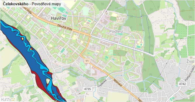 Čelakovského - záplavové mapy stoleté vody