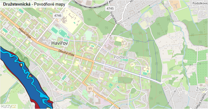 Družstevnická - záplavové mapy stoleté vody