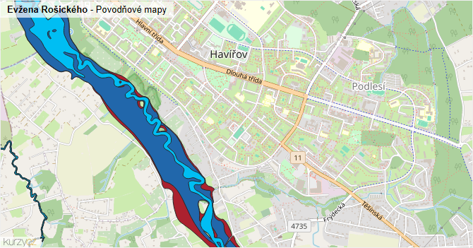 Evžena Rošického - záplavové mapy stoleté vody