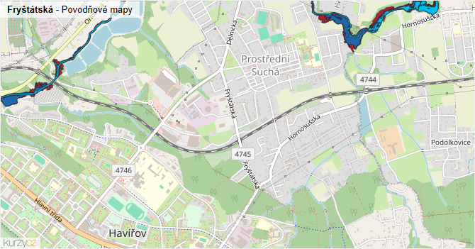 Fryštátská - záplavové mapy stoleté vody