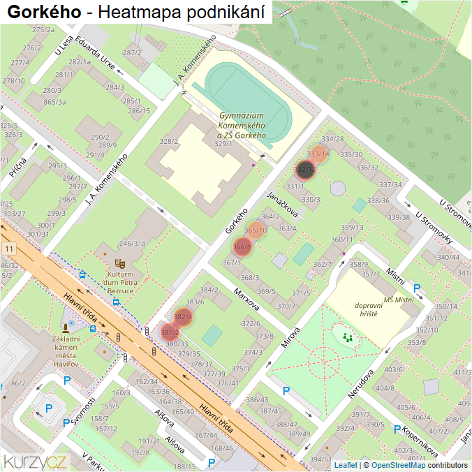 Mapa Gorkého - Firmy v ulici.