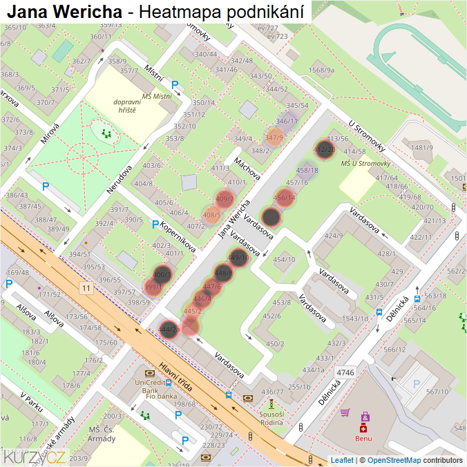 Mapa Jana Wericha - Firmy v ulici.