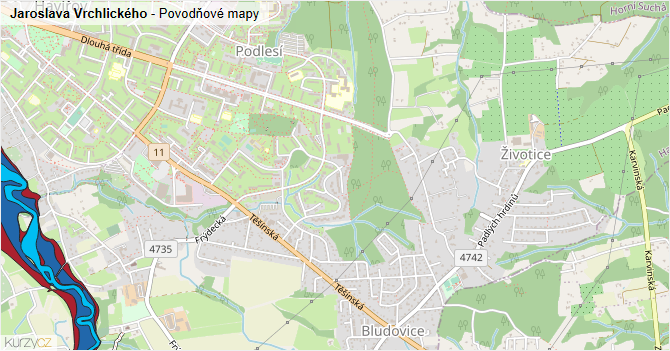 Jaroslava Vrchlického - záplavové mapy stoleté vody