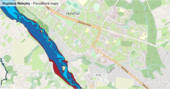 Kapitána Nálepky - záplavové mapy stoleté vody