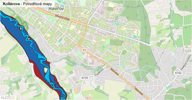 Kollárova - záplavové mapy stoleté vody