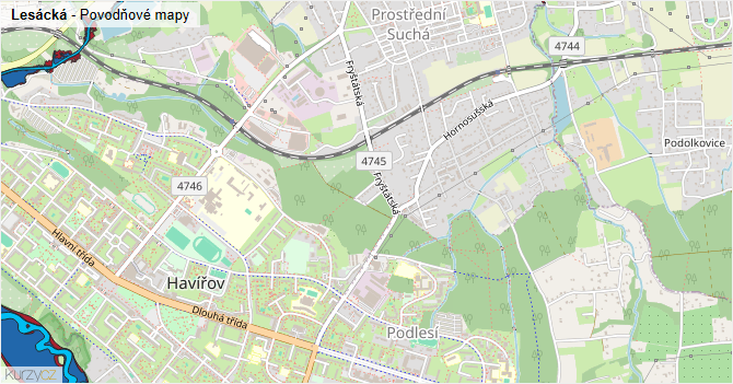 Lesácká - záplavové mapy stoleté vody