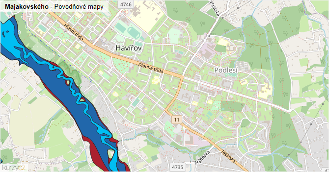 Majakovského - záplavové mapy stoleté vody