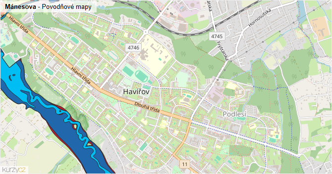 Mánesova - záplavové mapy stoleté vody