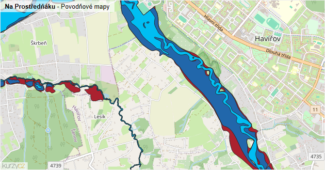 Na Prostředňáku - záplavové mapy stoleté vody