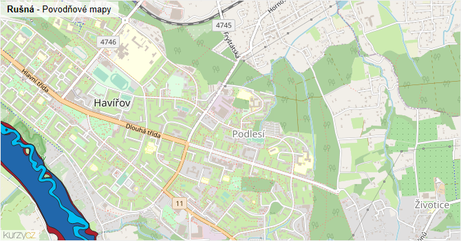 Rušná - záplavové mapy stoleté vody