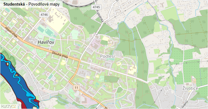 Studentská - záplavové mapy stoleté vody