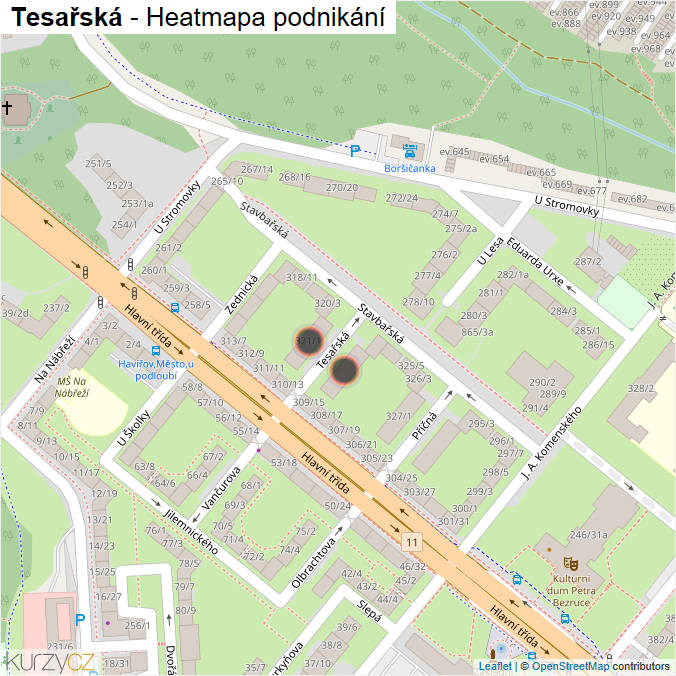 Mapa Tesařská - Firmy v ulici.