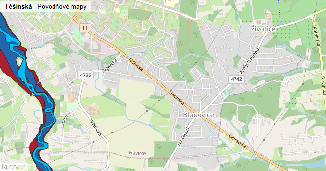 Těšínská - záplavové mapy stoleté vody