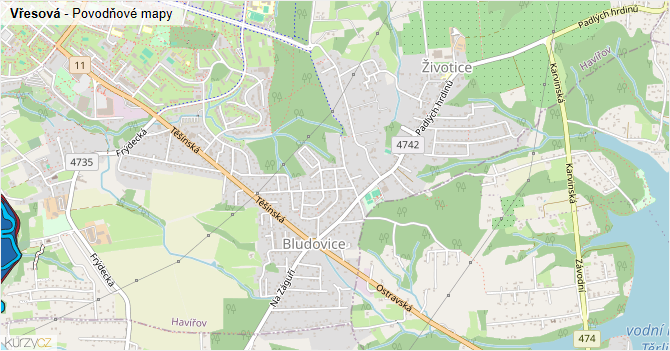 Vřesová - záplavové mapy stoleté vody