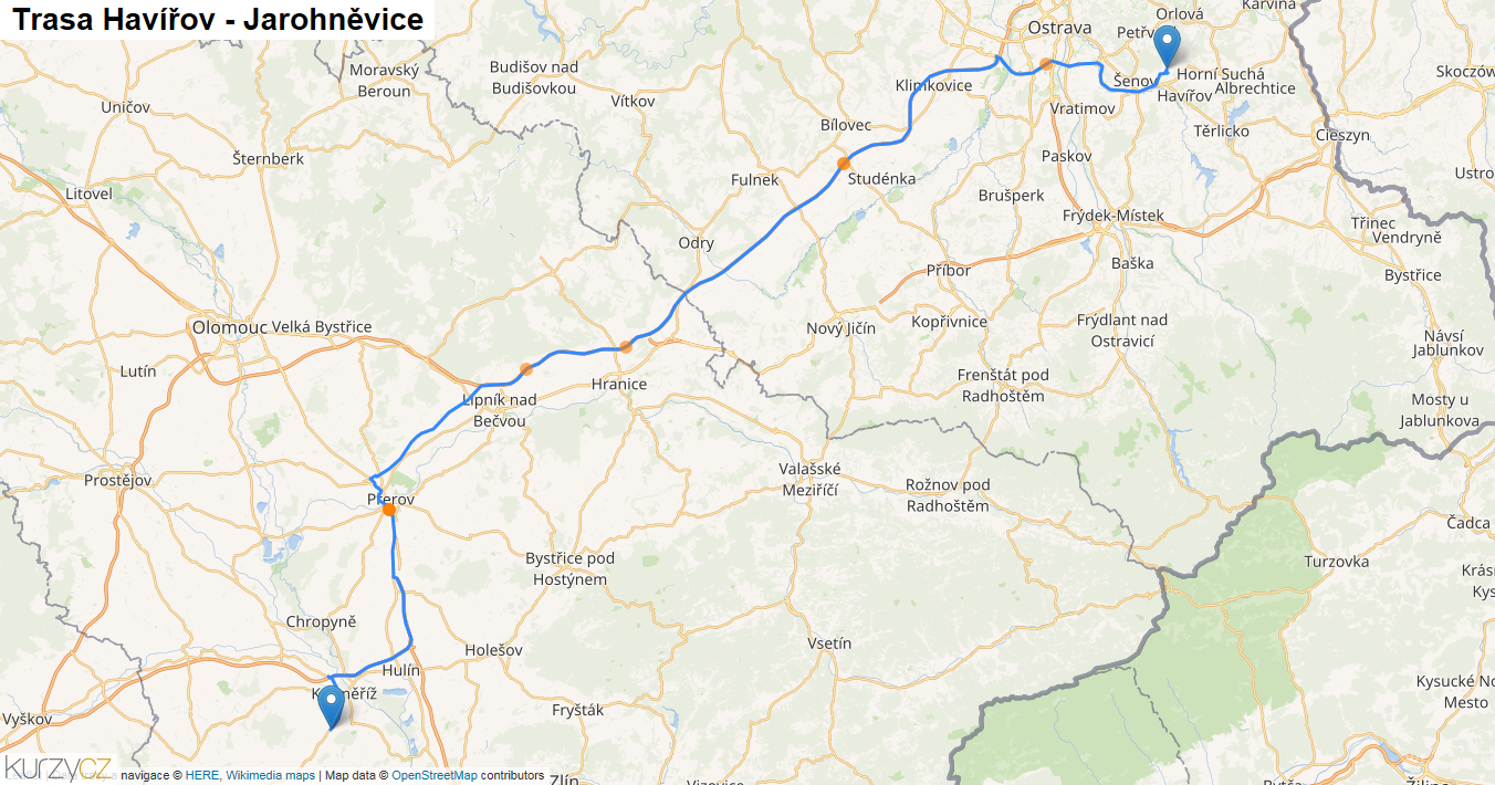 Havířov-Jarohněvice, mapa trasy