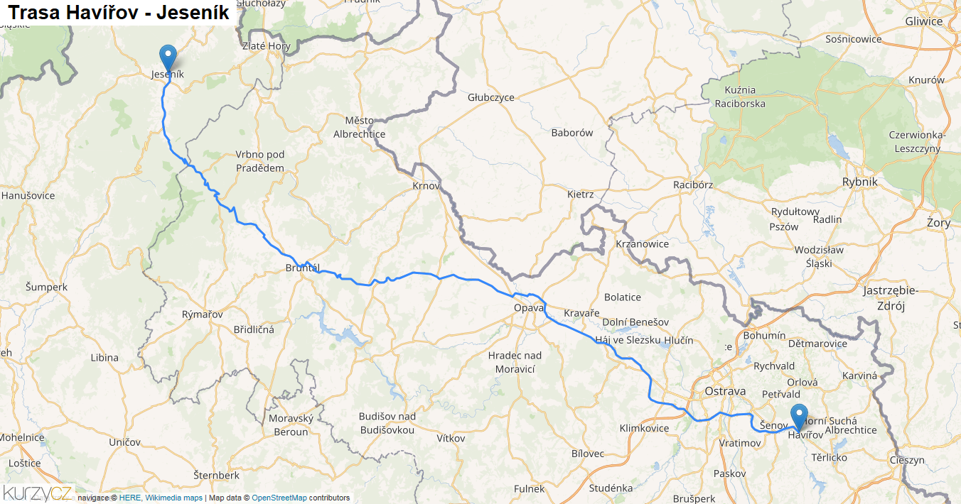 Havířov-Jeseník, mapa trasy