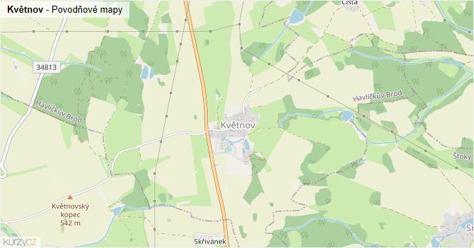 Květnov - záplavové mapy stoleté vody