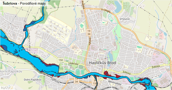 Šubrtova - záplavové mapy stoleté vody