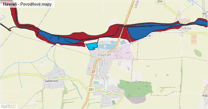 Havraň - záplavové mapy stoleté vody