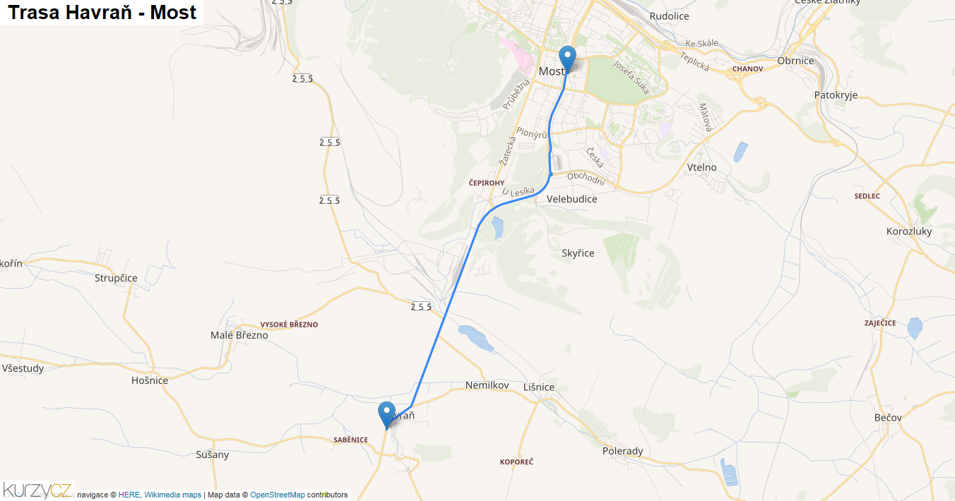 Havraň-Most, mapa trasy