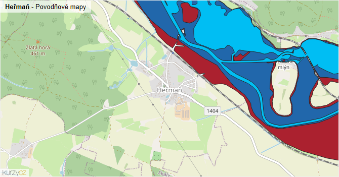 Heřmaň - záplavové mapy stoleté vody