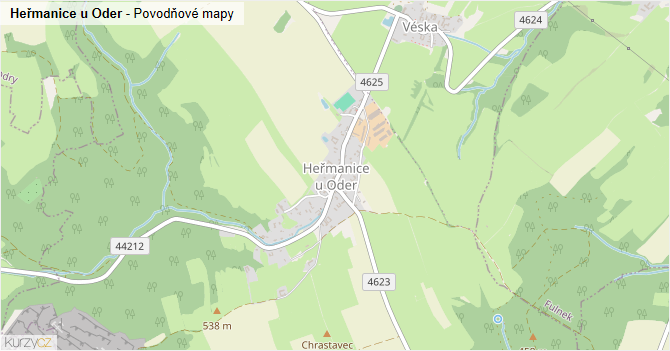Heřmanice u Oder - záplavové mapy stoleté vody
