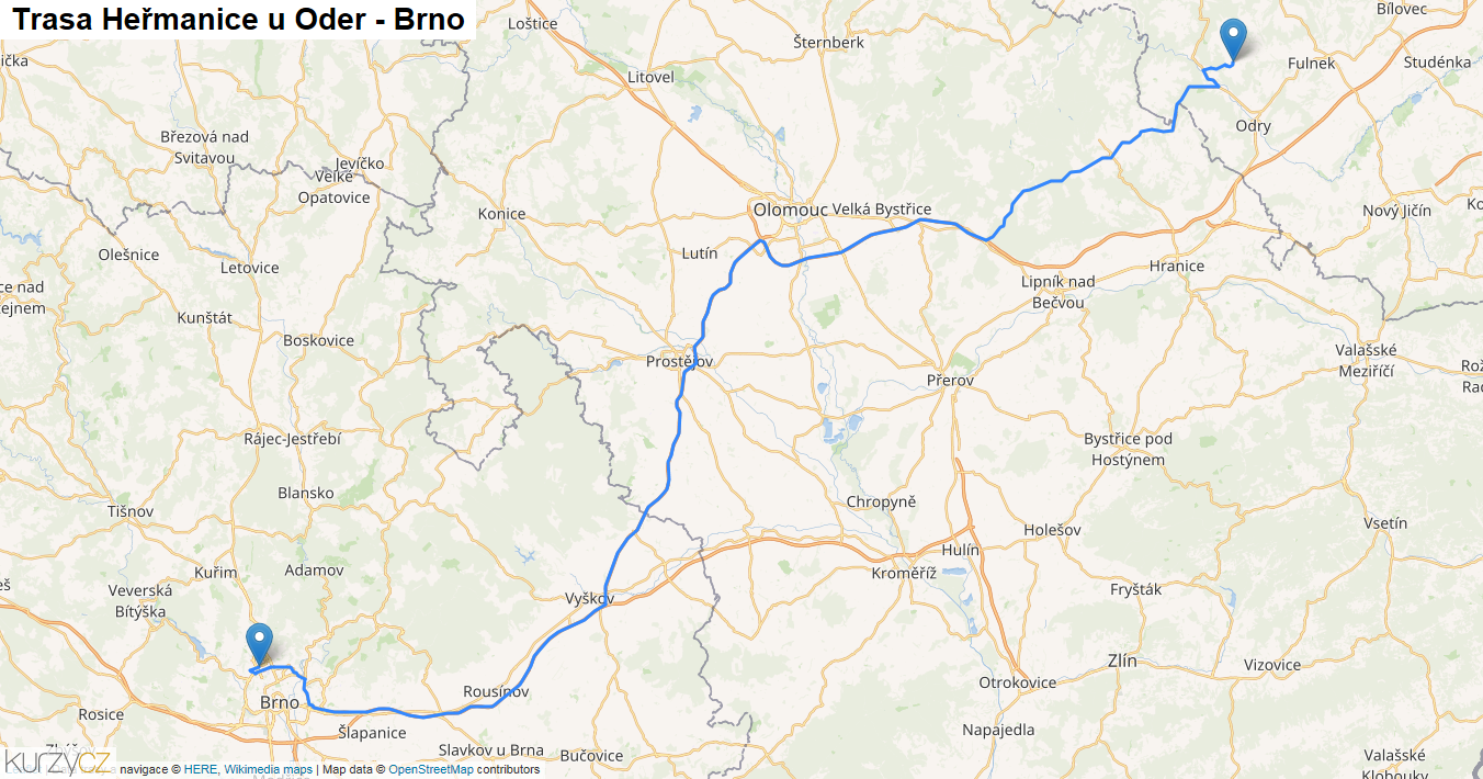 Heřmanice u Oder-Brno, mapa trasy