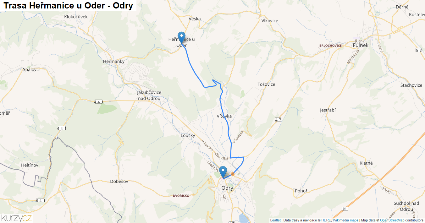 Heřmanice u Oder-Odry, mapa trasy