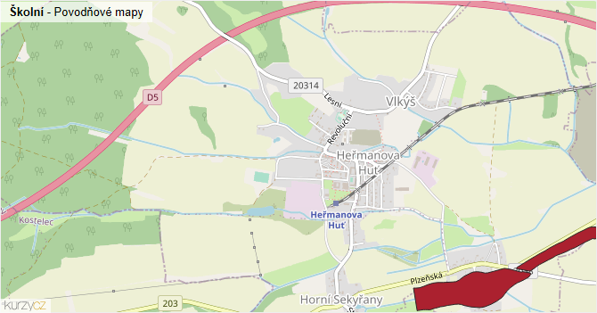 Školní - záplavové mapy stoleté vody