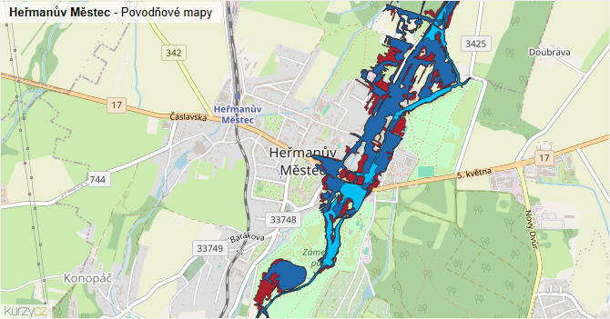 Heřmanův Městec - záplavové mapy stoleté vody
