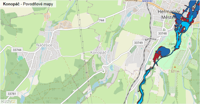 Konopáč - záplavové mapy stoleté vody