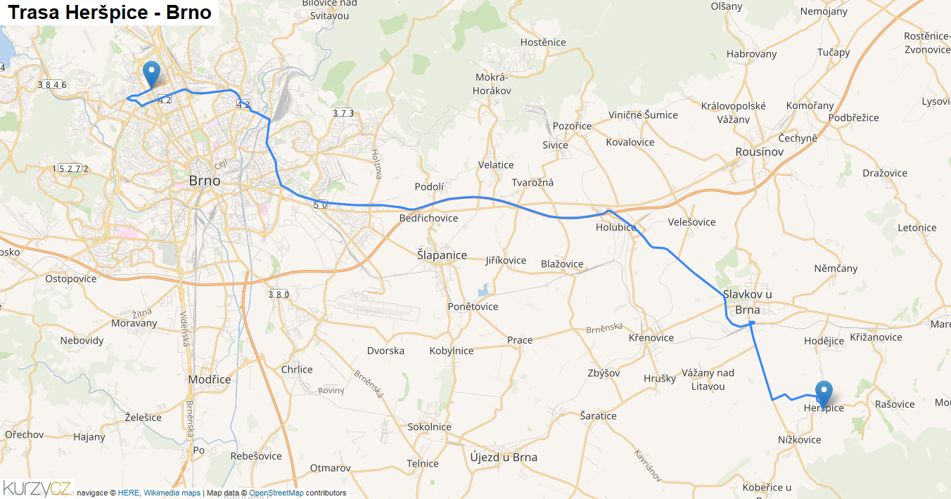 Heršpice-Brno, mapa trasy