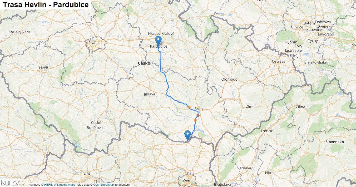 Hevlín-Pardubice, mapa trasy