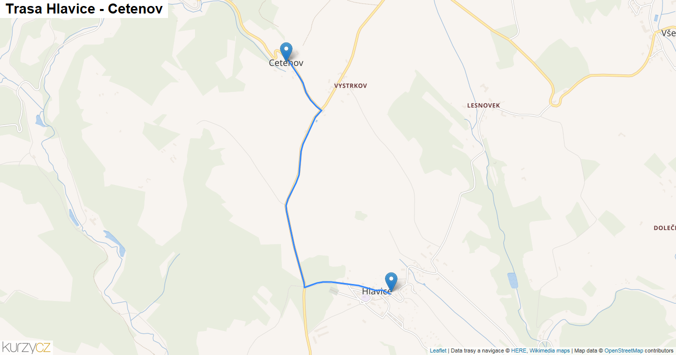 Hlavice-Cetenov, mapa trasy