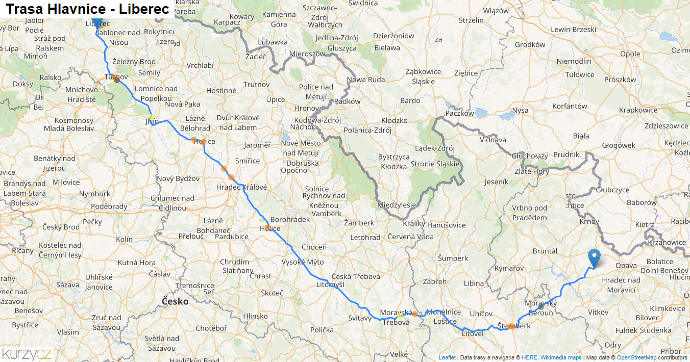 Hlavnice-Liberec, mapa trasy
