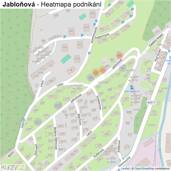 Mapa Jabloňová - Firmy v ulici.