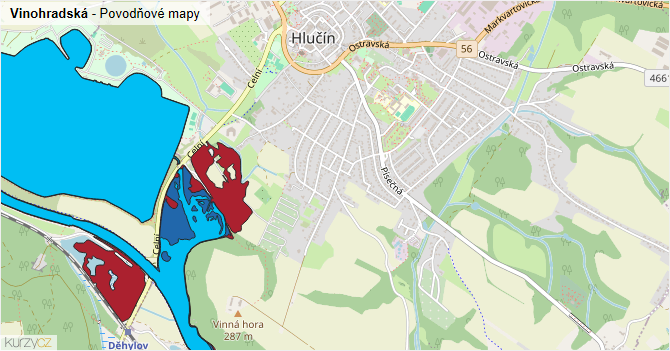 Vinohradská - záplavové mapy stoleté vody