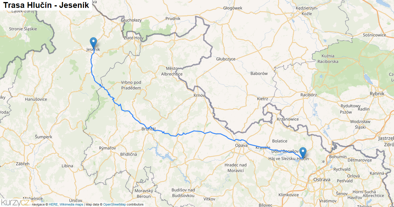 Hlučín-Jeseník, mapa trasy
