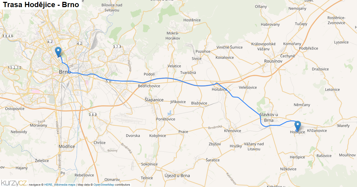 Hodějice-Brno, mapa trasy