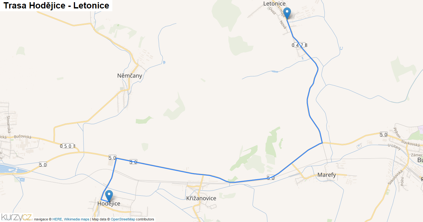 Hodějice-Letonice, mapa trasy