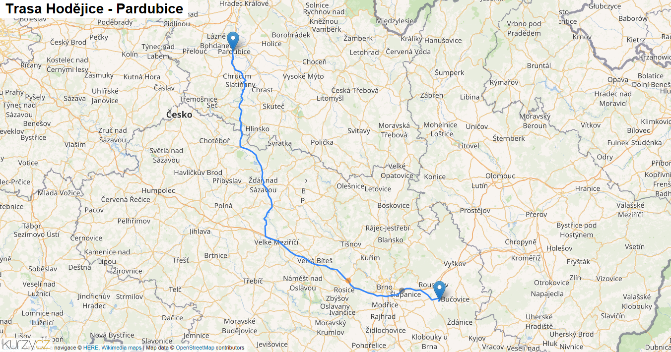 Hodějice-Pardubice, mapa trasy
