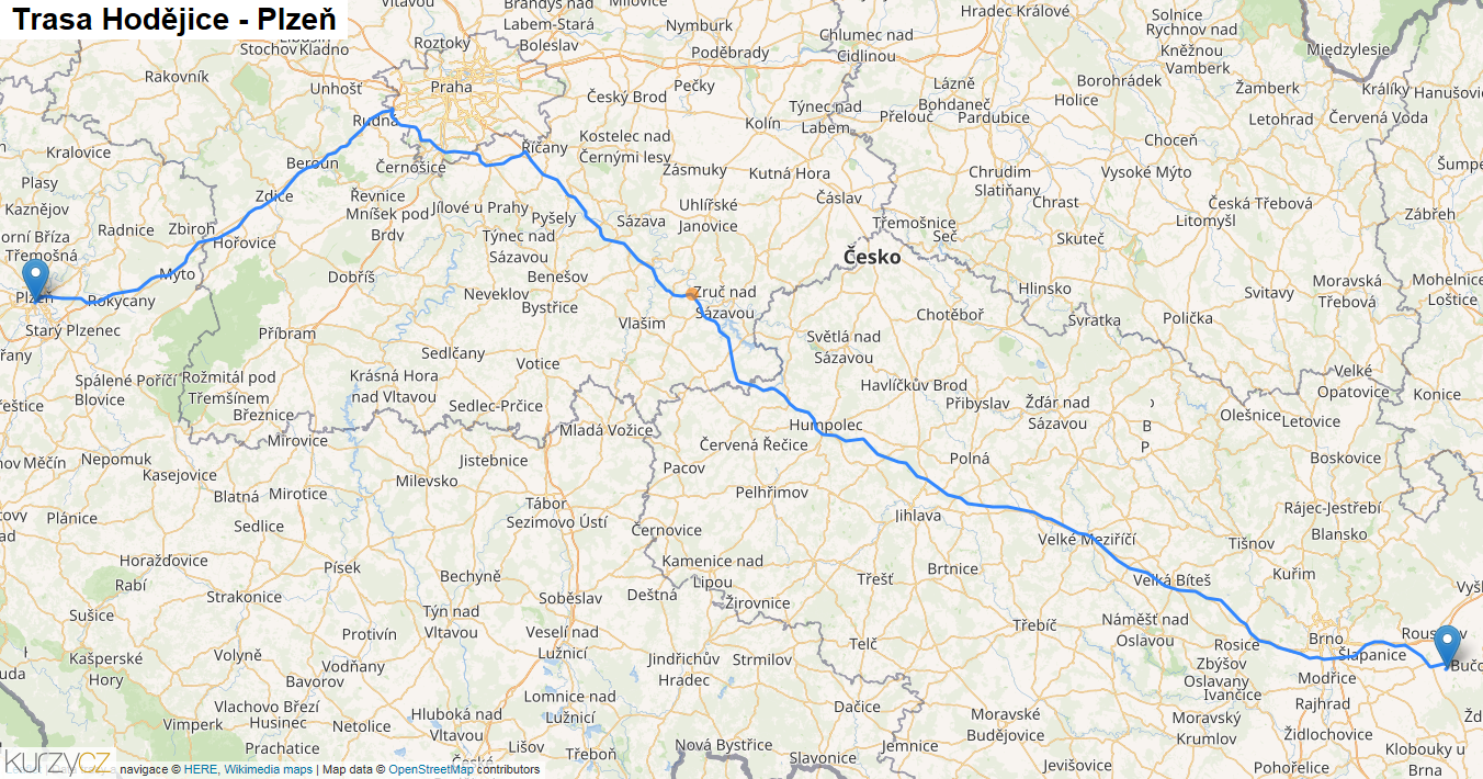 Hodějice-Plzeň, mapa trasy
