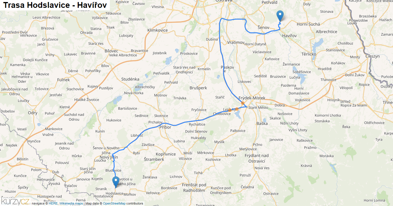 Hodslavice-Havířov, mapa trasy