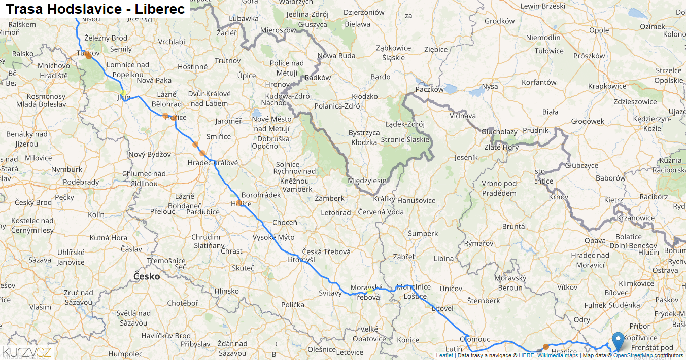 Hodslavice-Liberec, mapa trasy