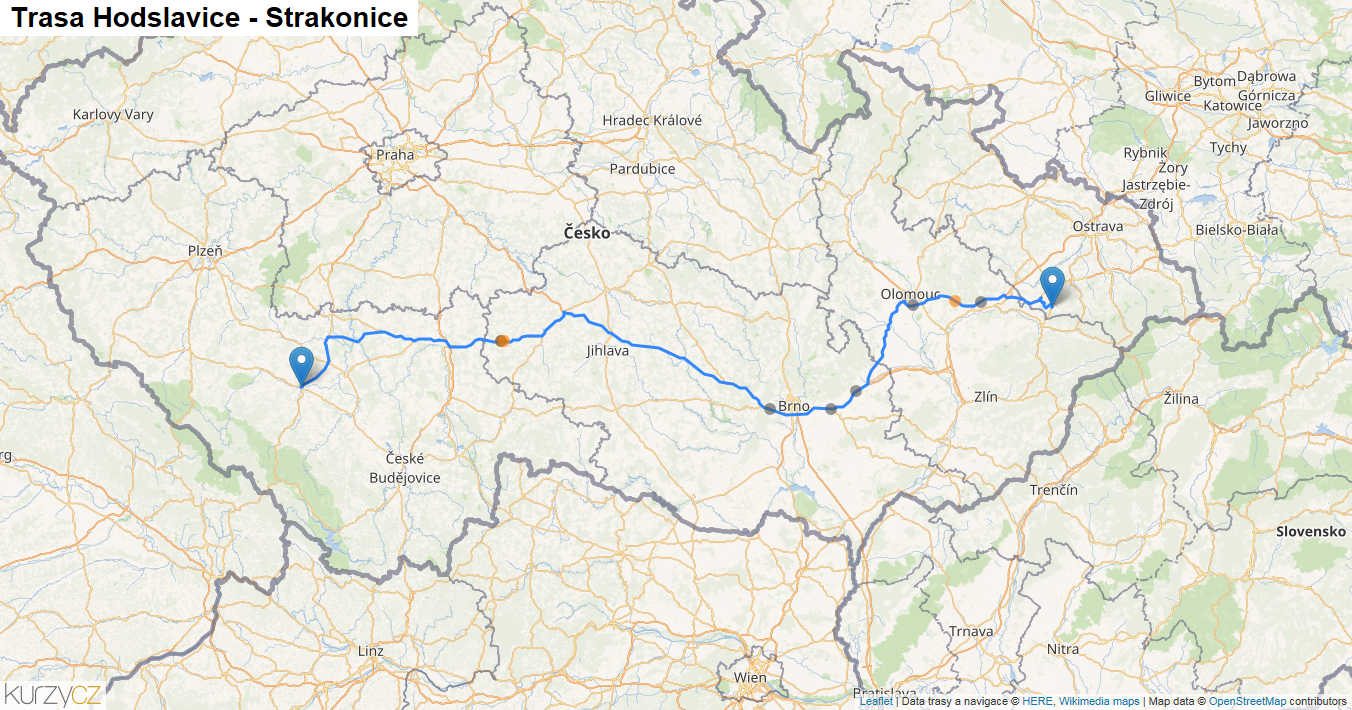 Hodslavice-Strakonice, mapa trasy