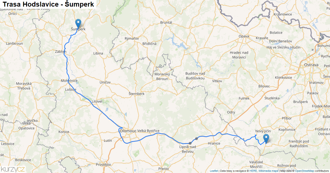 Hodslavice-Šumperk, mapa trasy